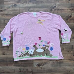 Vintage Quacker Factory Sweater 3XL Pink Easter Bunny Rabbit Cottagecore Grandma